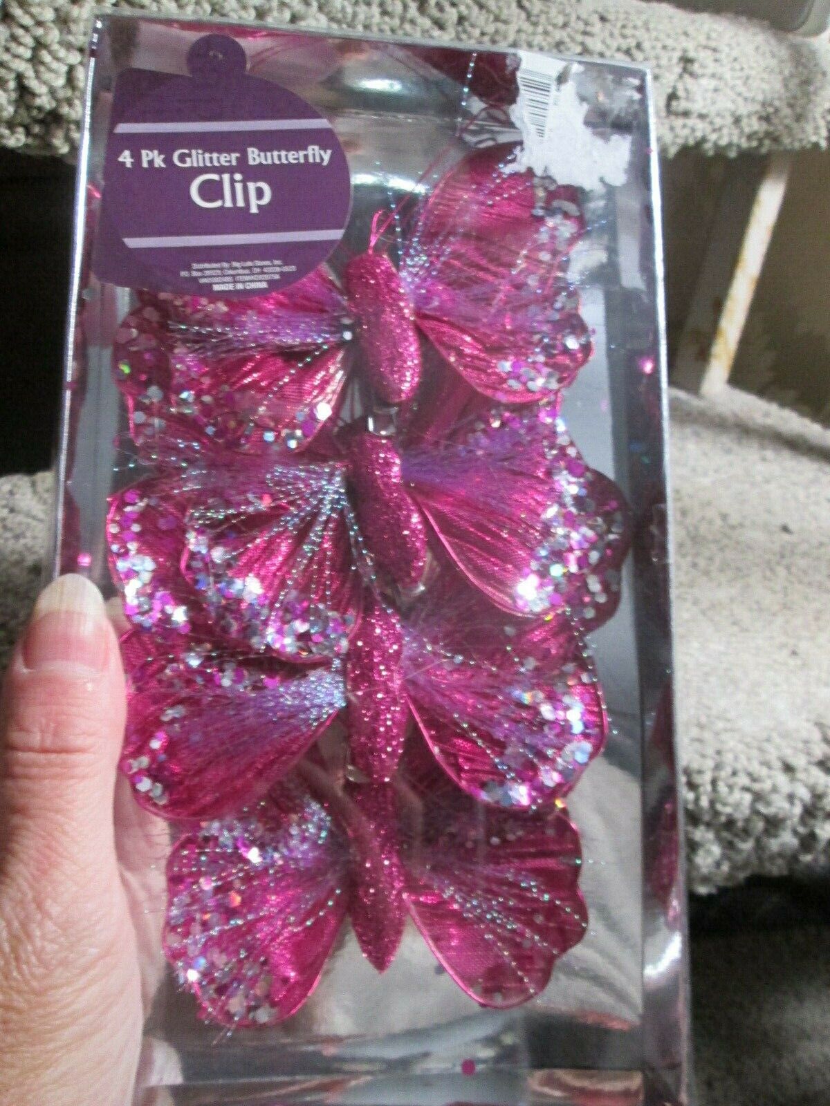 HOT PINK BUTTERFLY HOLIDAY GARDEN GLITTER CLIP ON BOX 4 ORNAMENT MOTH CHRISTMAS 