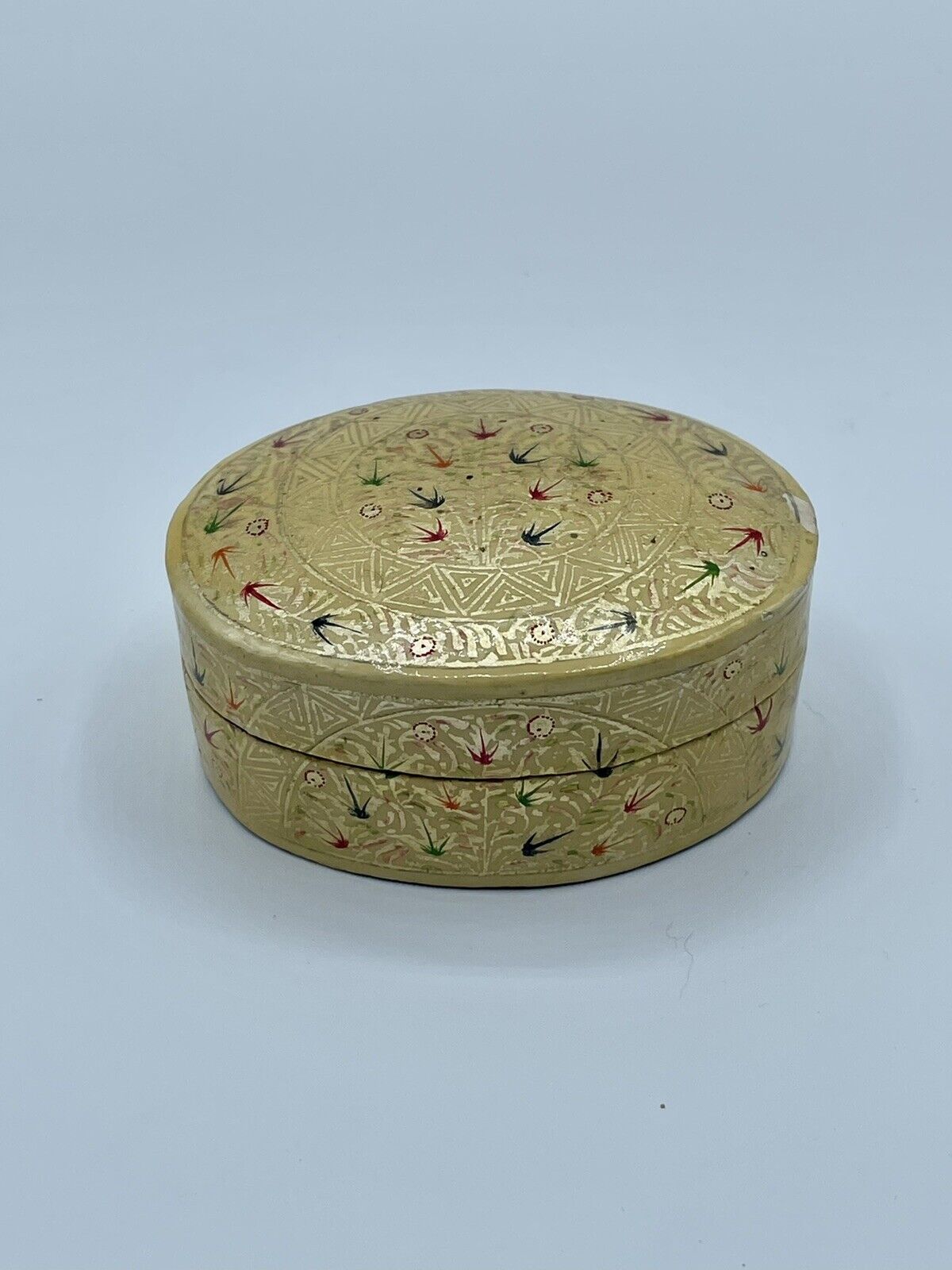 Vintage Kashmir Trinket Box Silver Leaf Paper Mache Hand Painted Jewelry Box