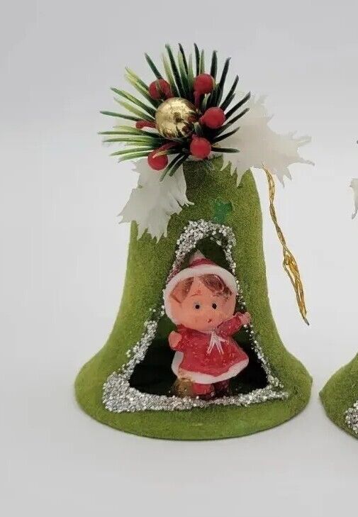 Vintage Green Flocked Diorama Bell Christmas Ornament Plastic Elf girl 