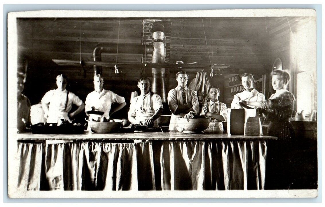c1920's Men Boy Woman Learning To Cook Chef View RPPC Unposted Postcard