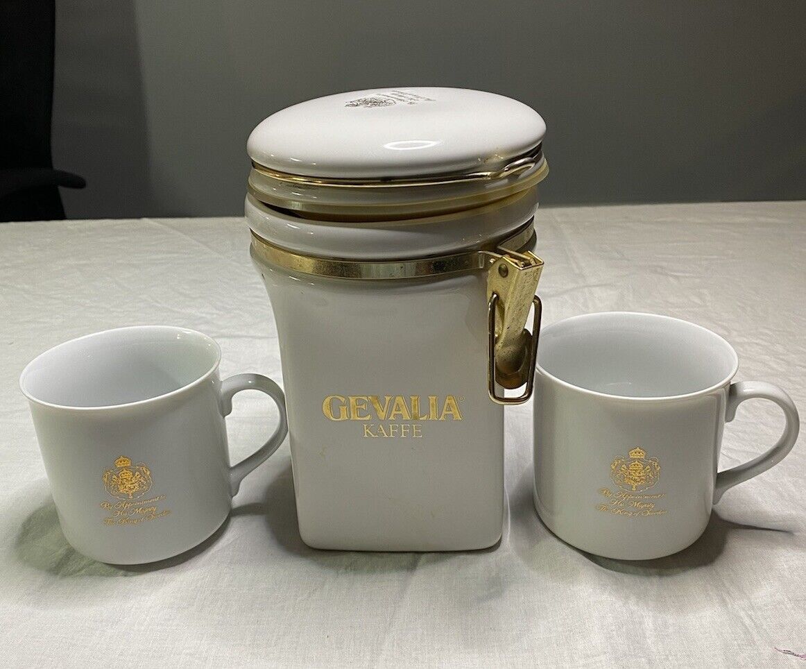 Vtg  Gevalia Kaffe White Porcelain Coffee Canister Majesty King Sweden & 2 Cups