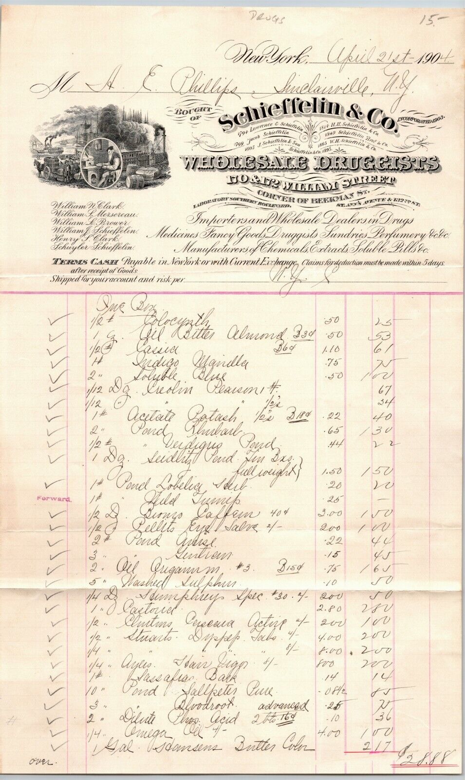 W.H. Schieffelin & Co 1904 Letterhead William St NYC Wholesale Druggist Vignette