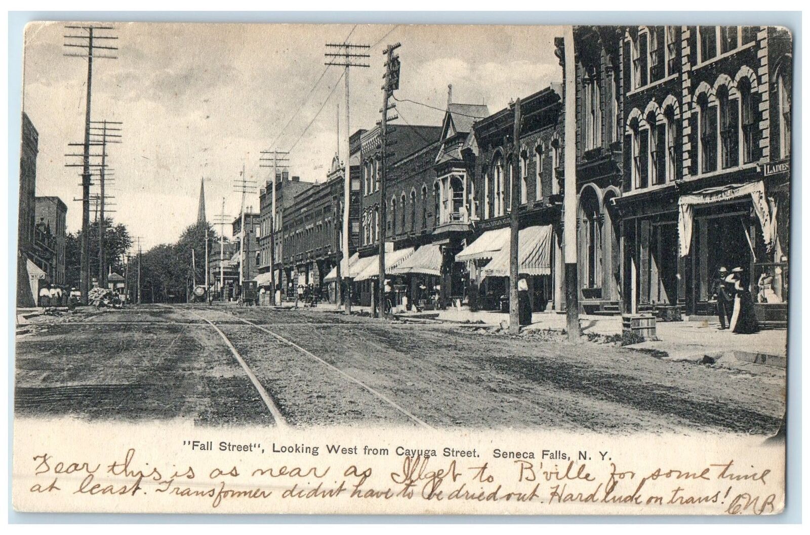 1907 Fall Street Railway Road Buildings Carriage Seneca Falls New York Postcard