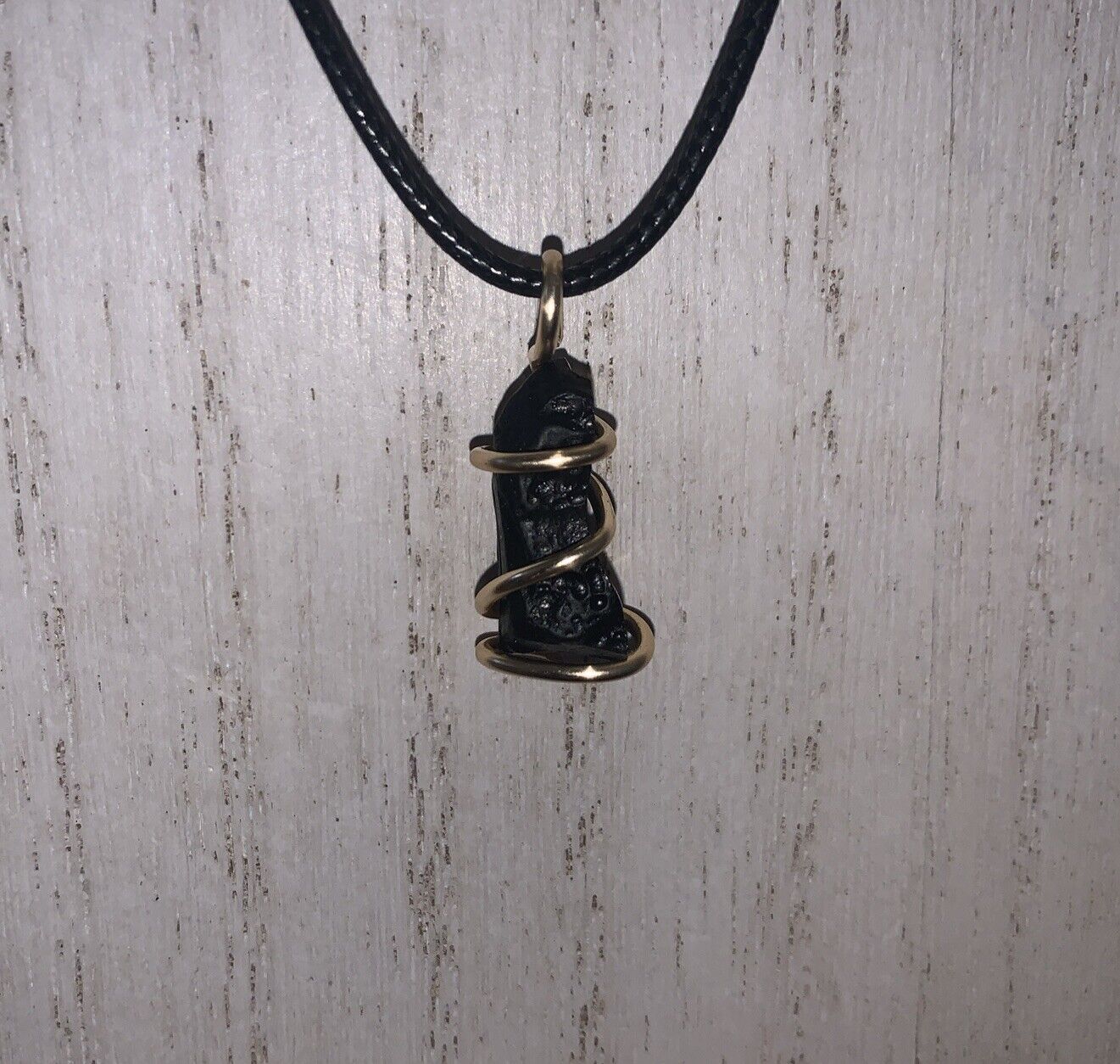 Handmade Tektite Meteorite Gold Tone wire wrapped pendant Reiki Necklace