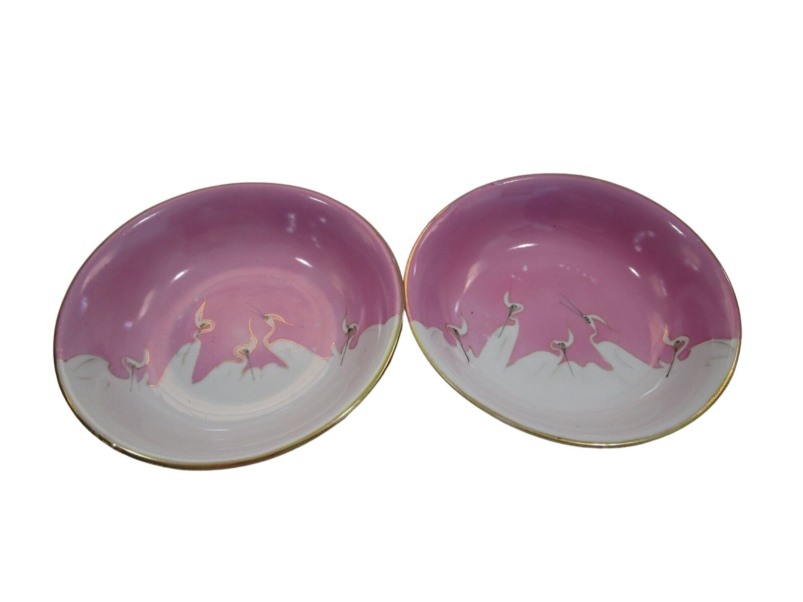 Five Lucky Cranes on Pink Small Porcelain Bowls Japan Post 1922 Flawed A Pair