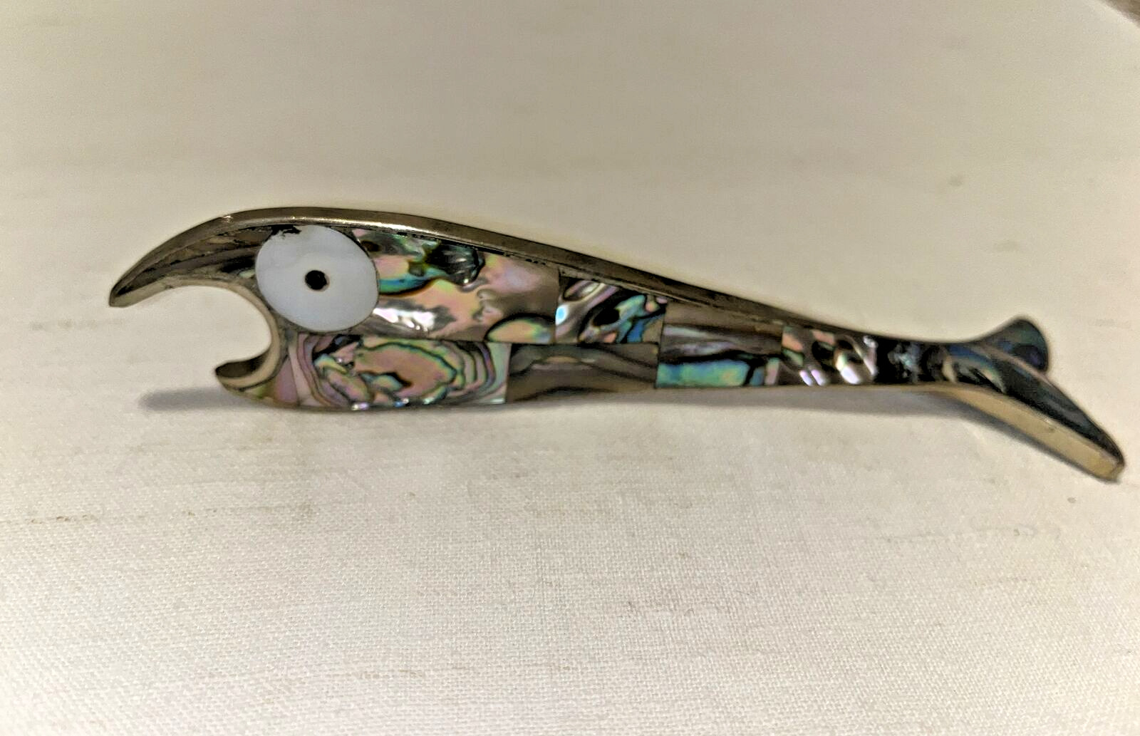 Vintage Abalone Shell Inlay Fish Twisted Tail Bottle Opener Alpaca Mexico