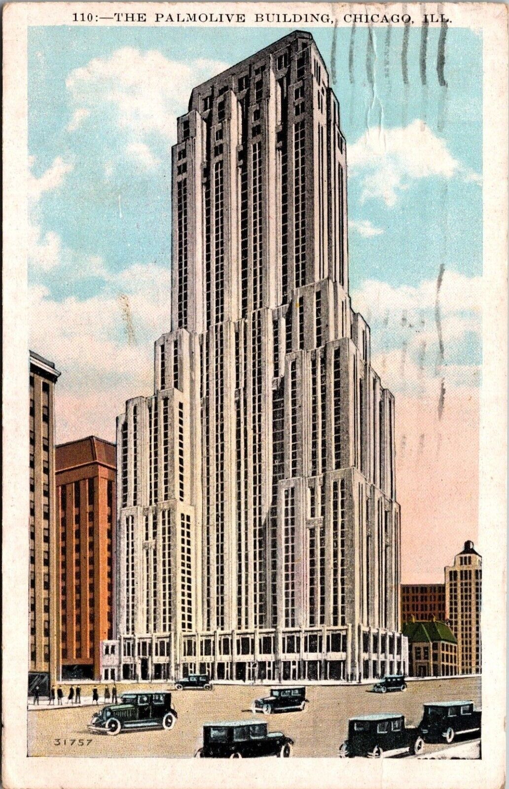 Postcard The Palmolive Building Chicago Illinois IL c1929 Skyscraper Automobile