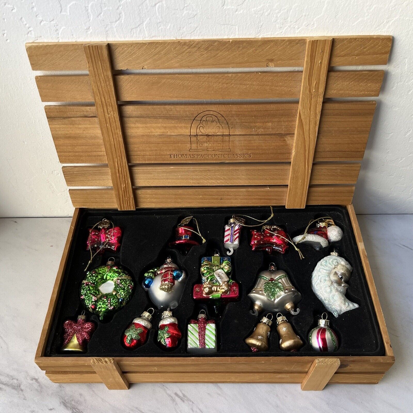 Thomas Pacconi Christmas Glass Ornaments Lot of 17 Holiday Set Wooden Box Crate