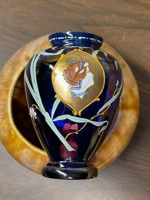 Antique Art Nouveau Cobalt Blue Glass Enameled Vase