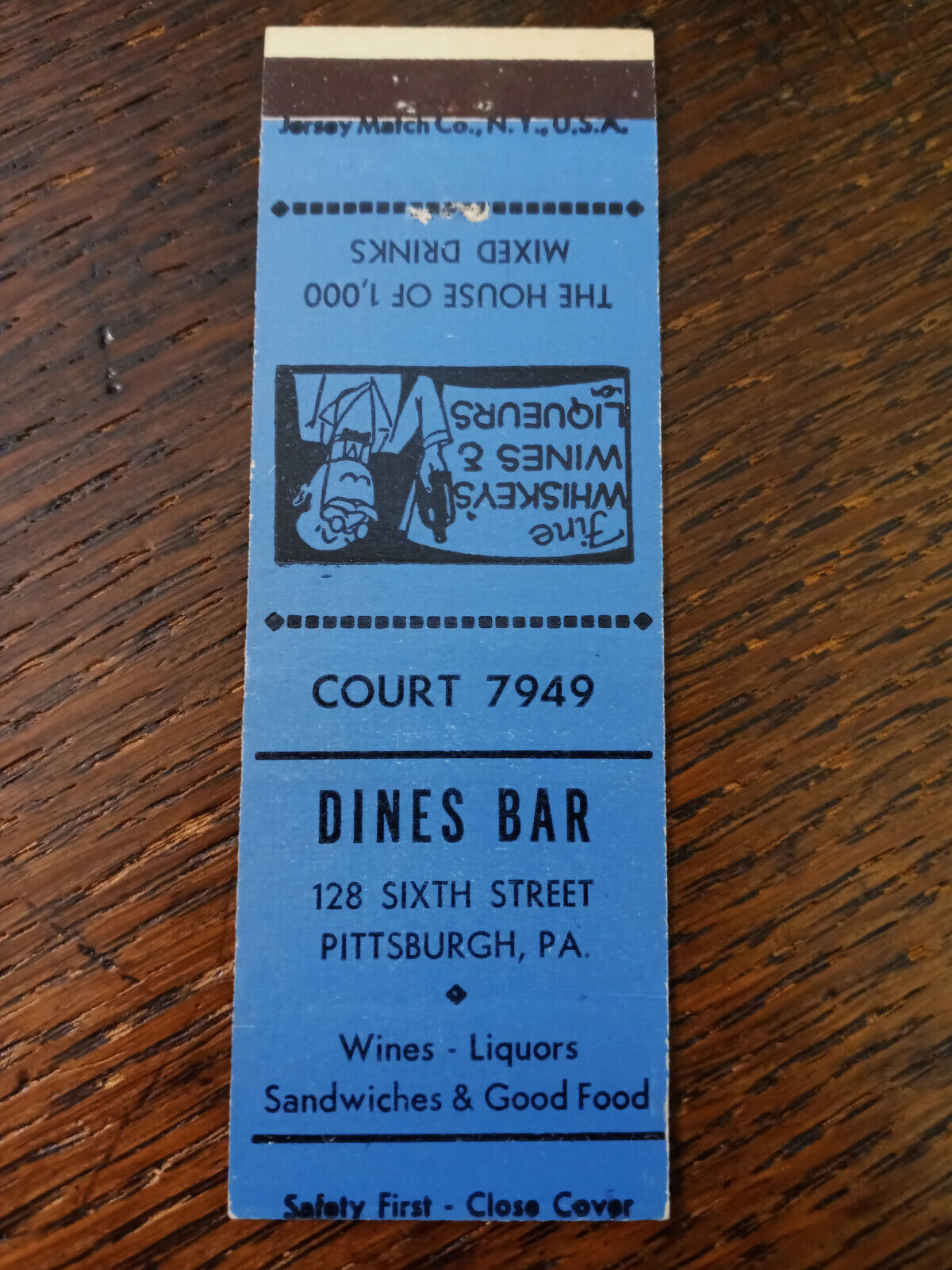 Vintage Matchbook: Dine's Bar, Pittsburgh, PA Jersey Match