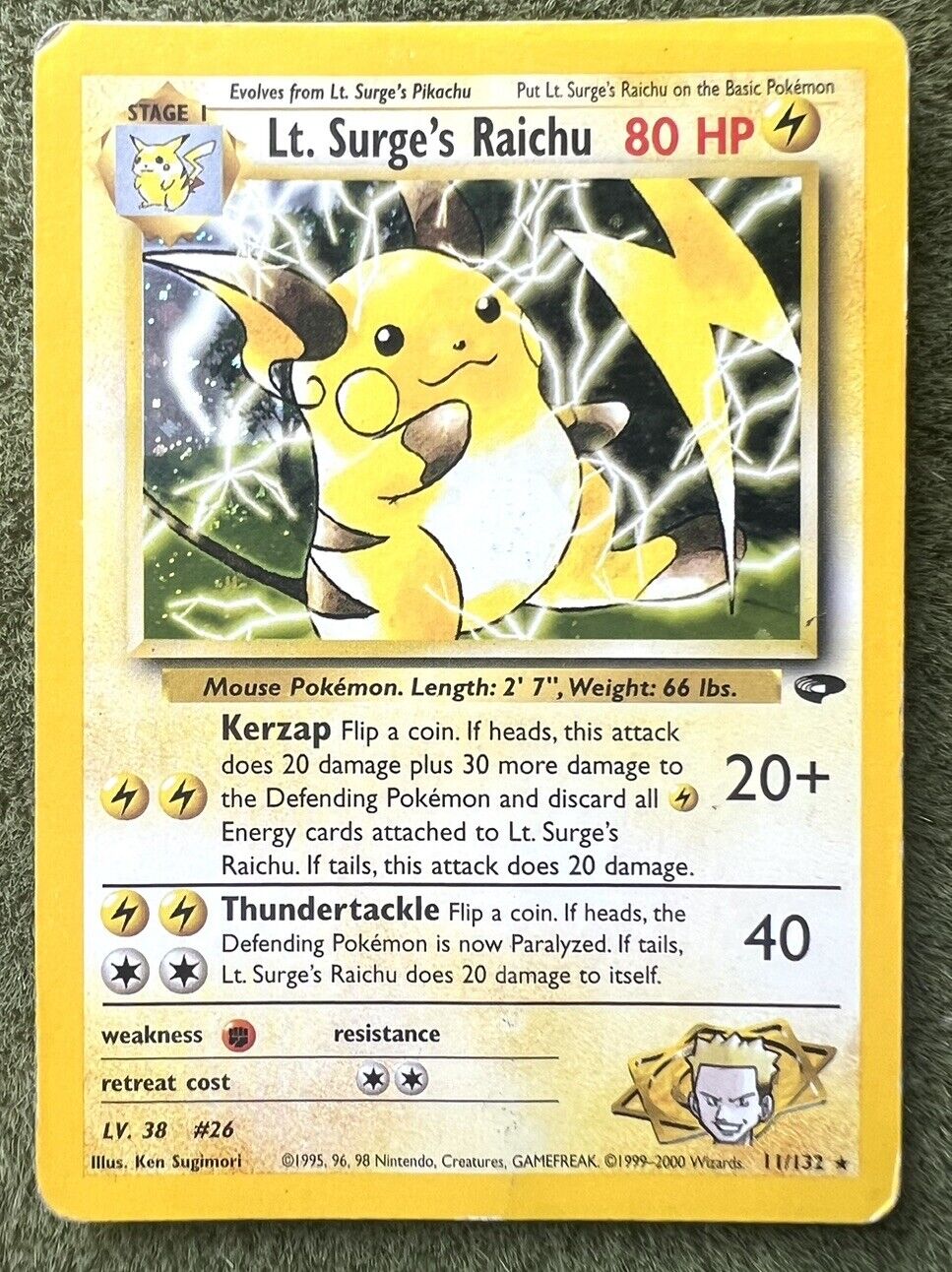 PLAYED Lt. Surge\'s Raichu (11/132) Holo Gym Challenge Pokemon Card