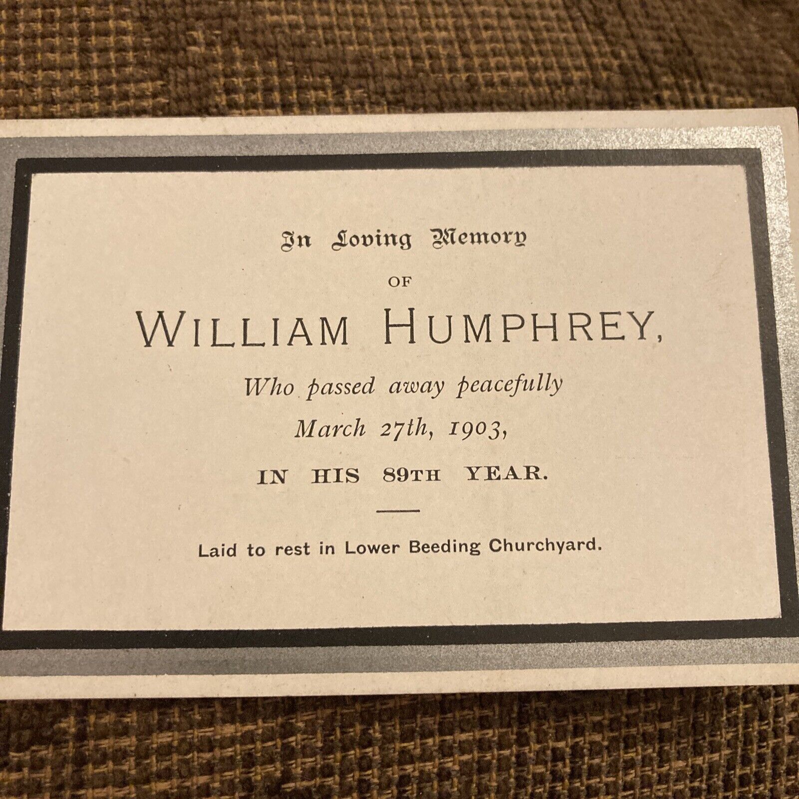 1903 Funeral Mourning Card - William Humphrey, Lower Beeding
