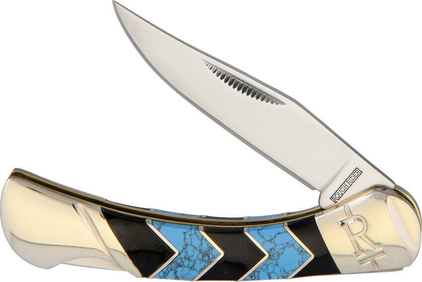 Rough Rider Turquoise & Black Peak Handles Lockback Folding Blade Knife 1576