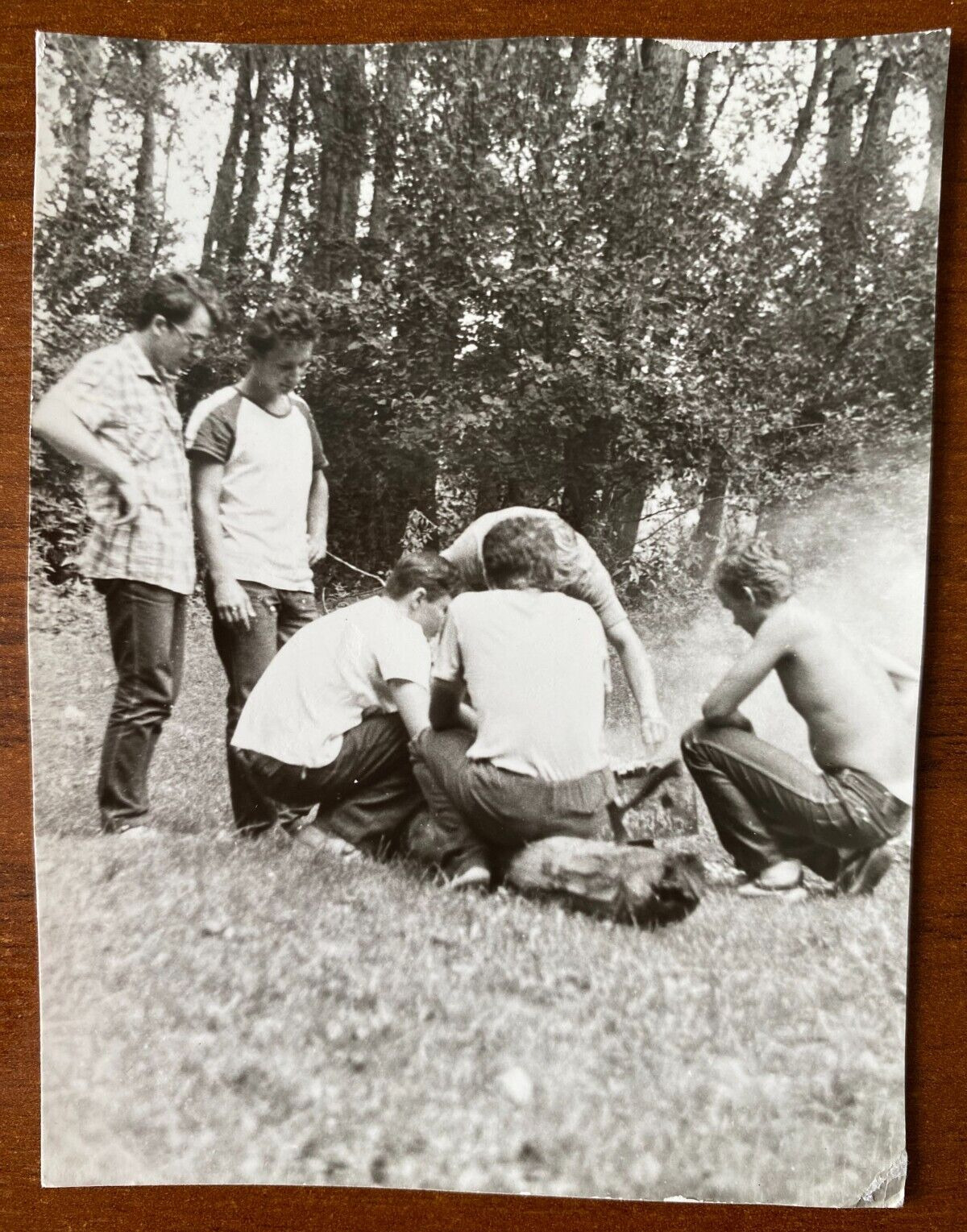 Handsome guys in nature burning fire, tenderness, gay int Vintage photo