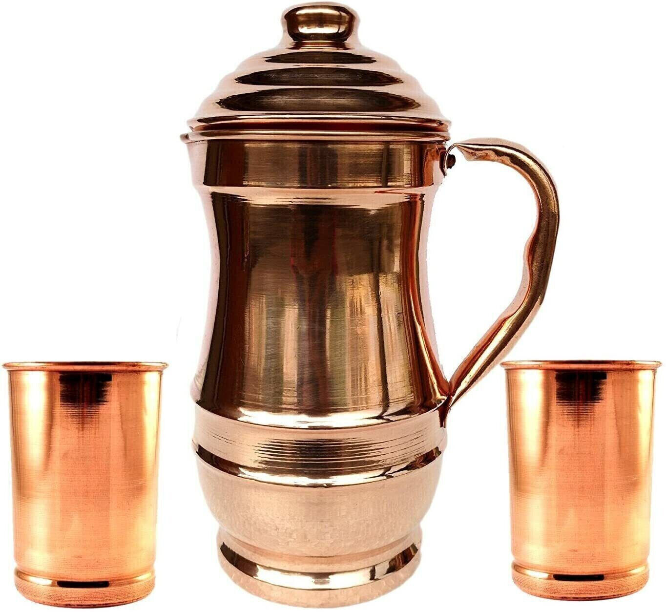 Copper Maharaja Pitcher Jug 1500ML 2 Smooth Water Drinking Tumbler Glass 300ML