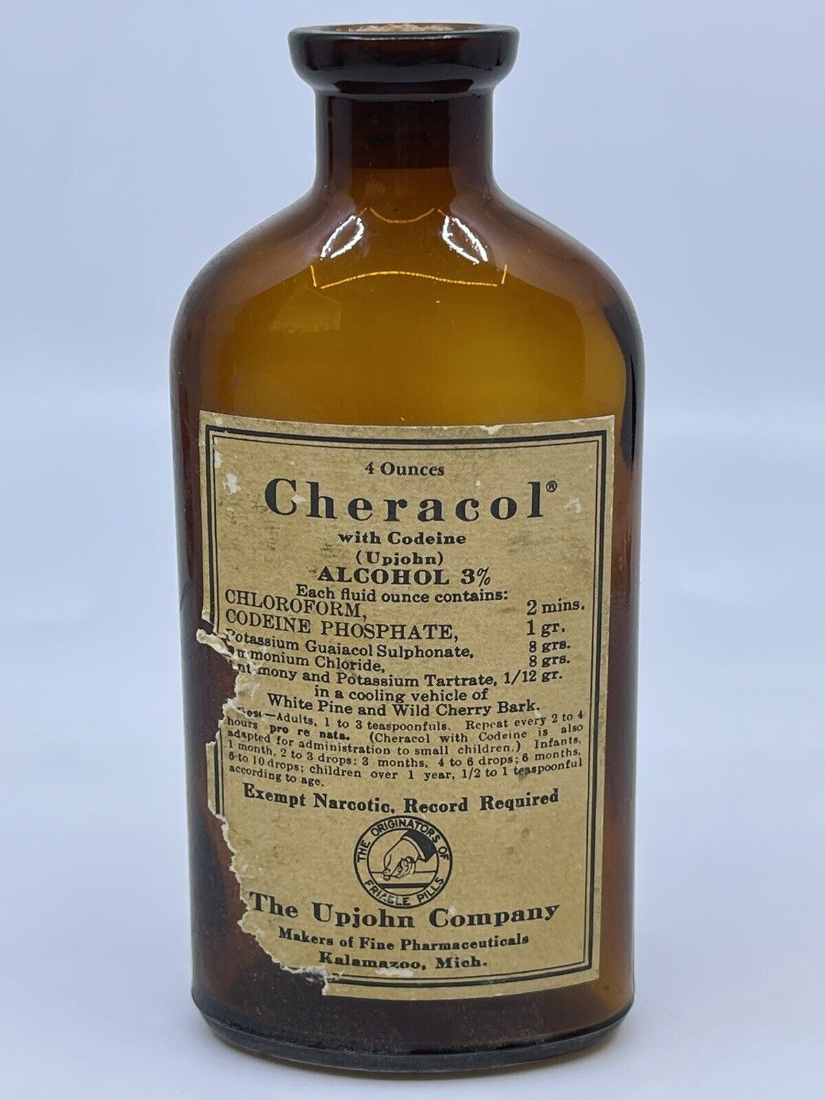 CHERACOL CODEINE  UPJOHN Co. Original Empty Bottle 1920s rare label