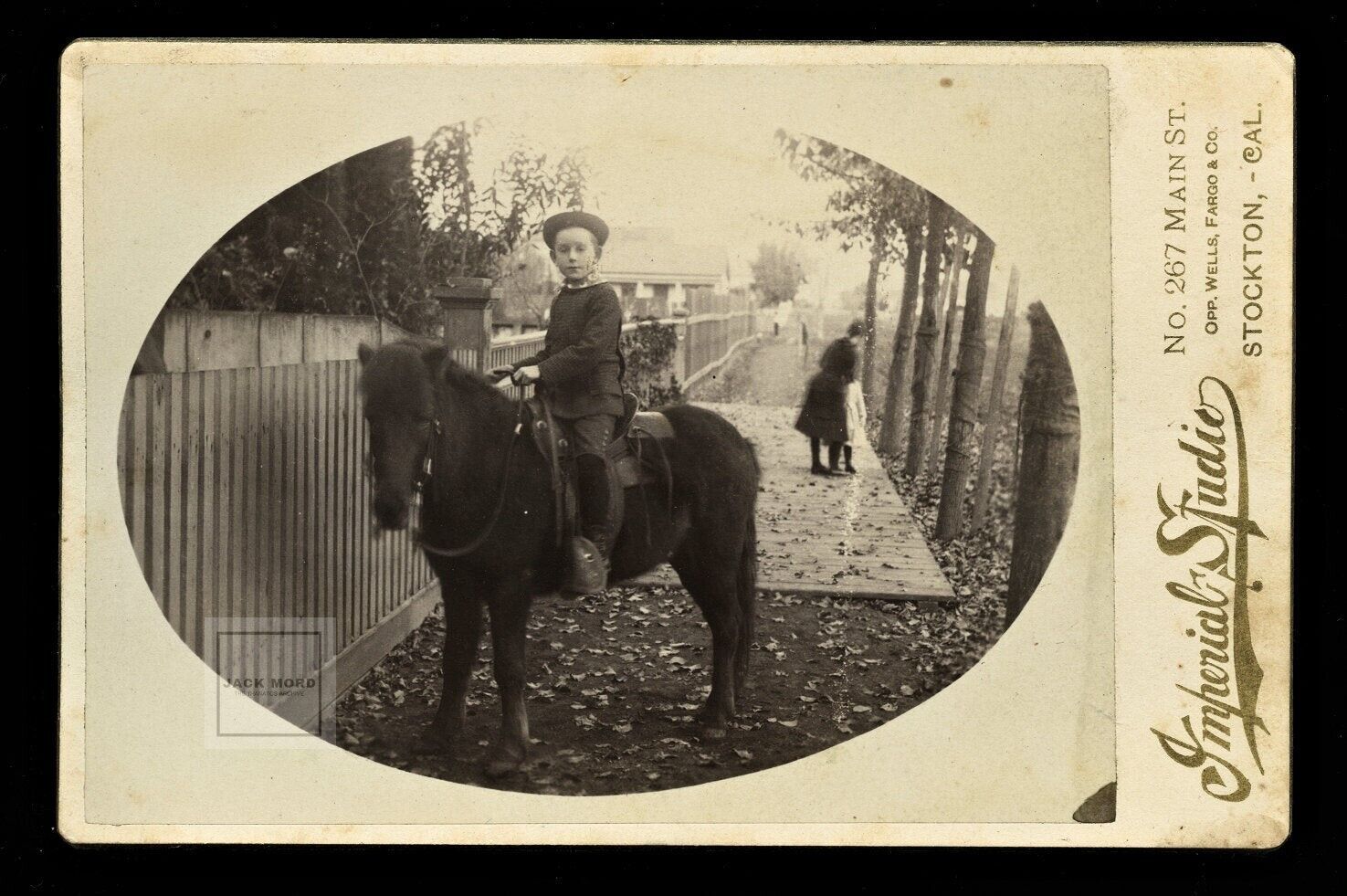 outdoor ID'd stockton california boy riding horse + note 1800s cabinet photo