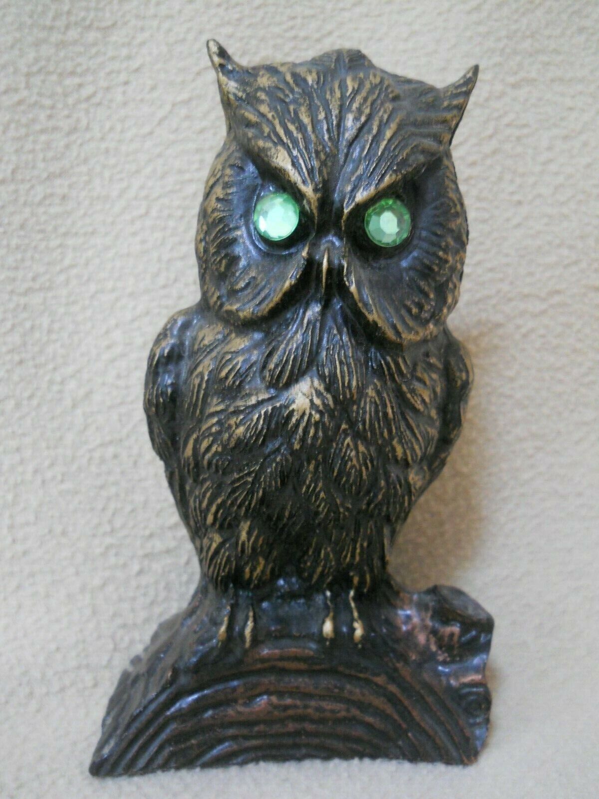 Vintage 1980 Handcrafted Coal Figurine Black & Gold Owl with Green Eyes