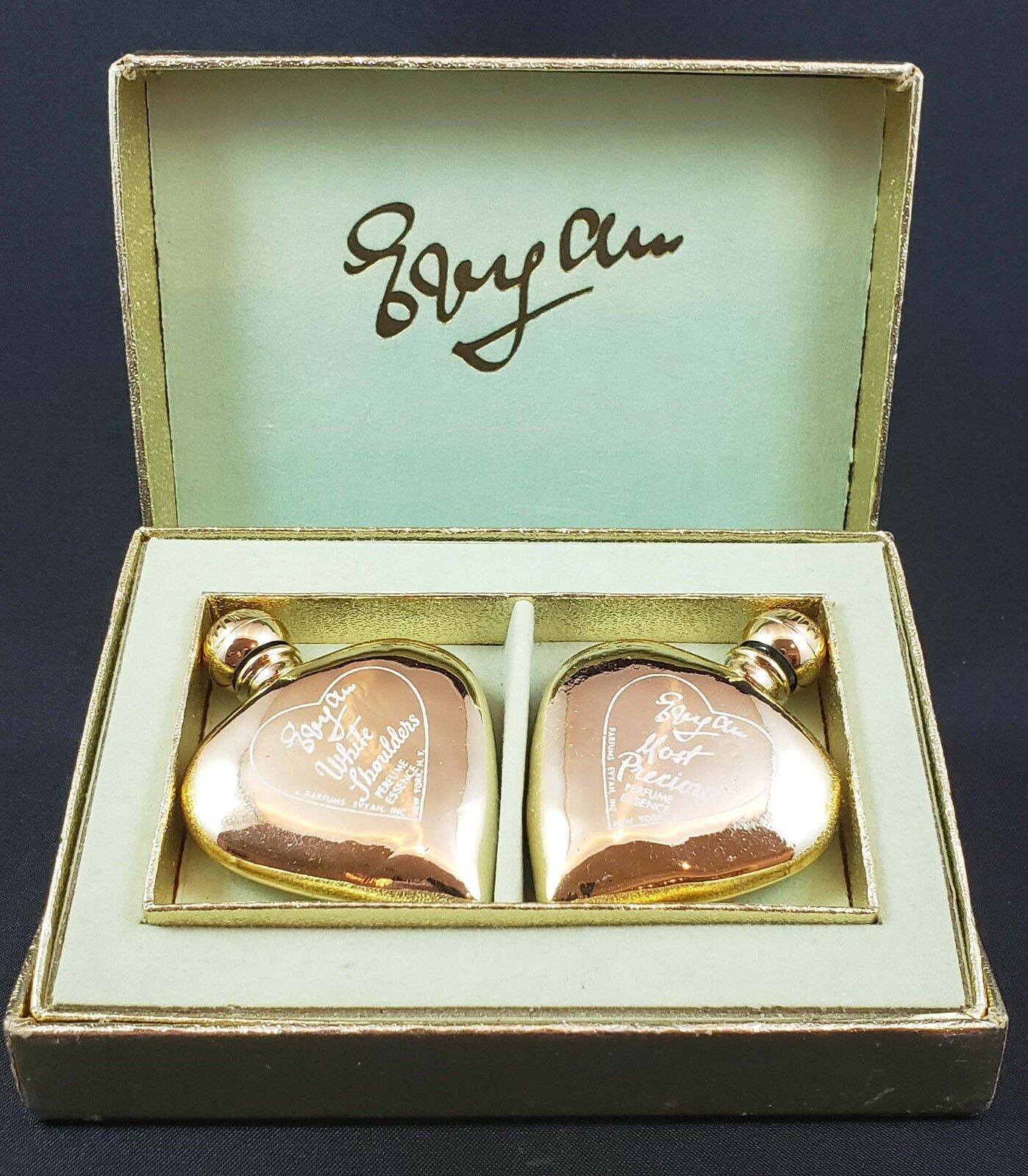 Evyan Two Golden Hearts Perfume Set in Box White Shoulders & Most Precious RARE