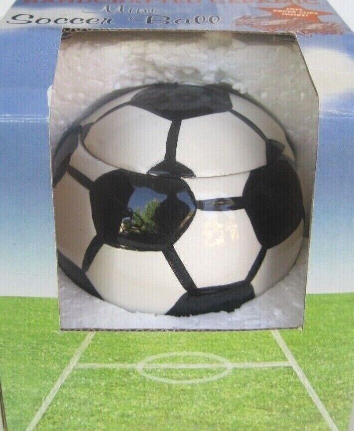 Aunt Beths Cookie Keeper Ceramic Soccer Mini Sports Jar with Paper Clips NIB