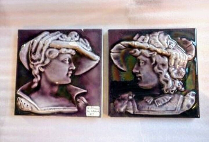 Pair Antique American Encaustic Tile Co Majolica Relief Portrait Fireplace Tiles