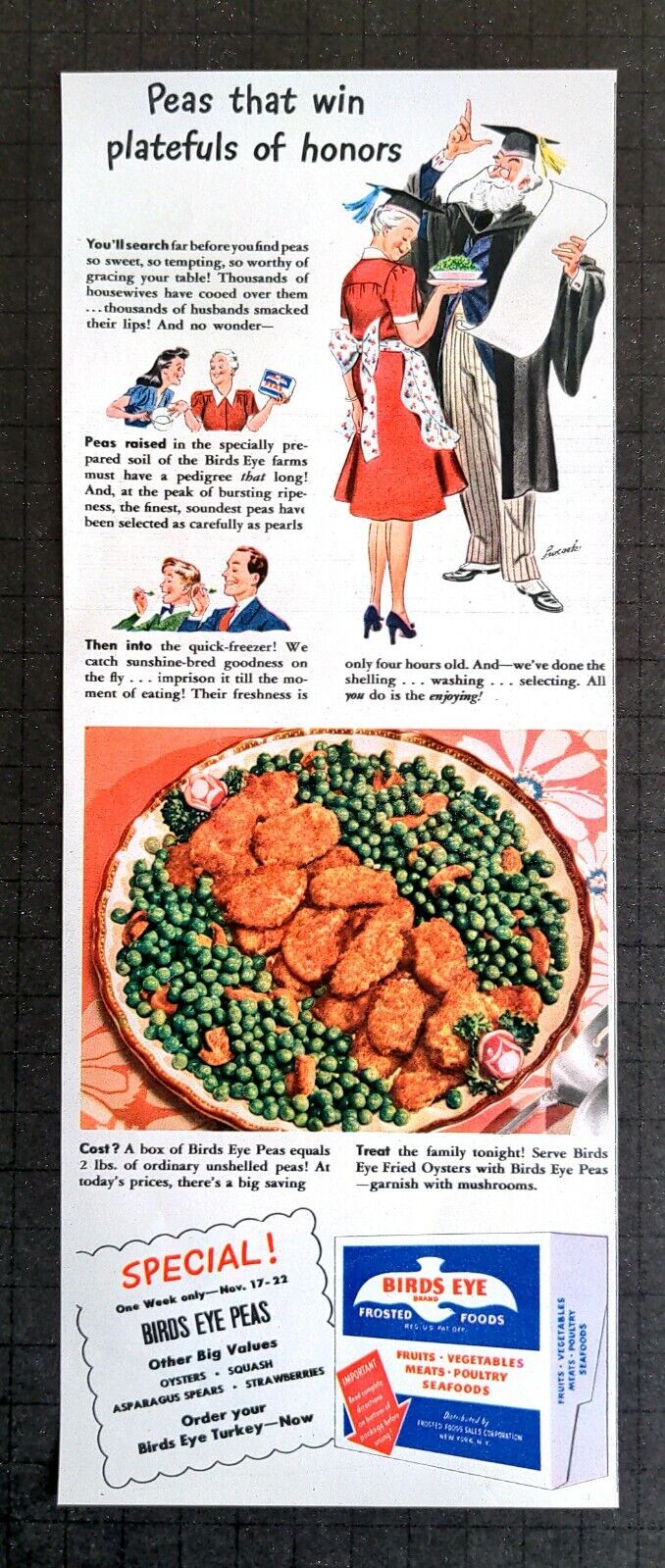 1941 Birds Eye Peas Squash Strawberries Asparagus Vegetables Vintage Print Ad