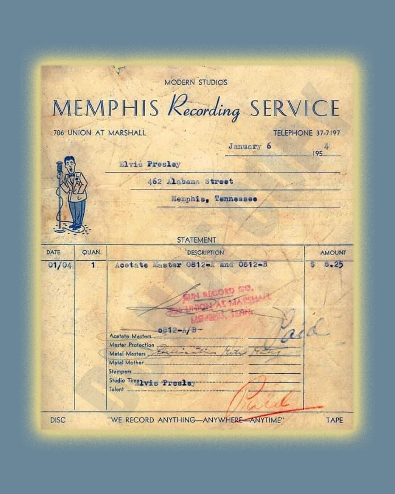 Jan 1954 Elvis Presley Memphis Recording Service Sun Studios Receipt 8x10 Photo
