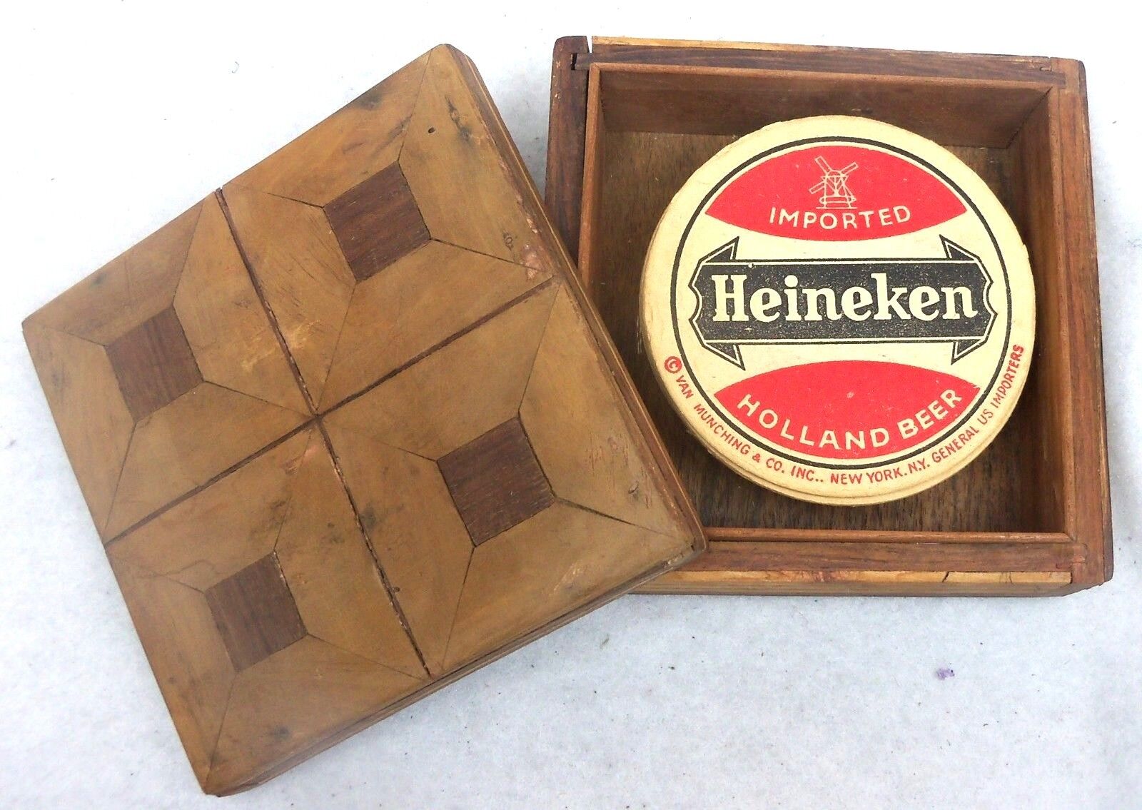 Heineken Cardboard Coasters Lot 11 VINTAGE Wooden Case W Germany Man Cave Bar