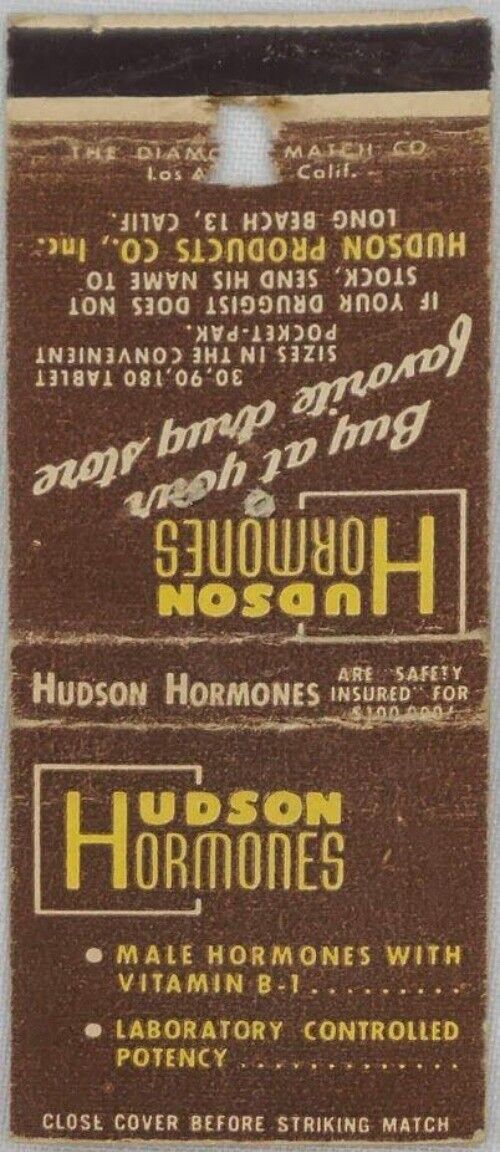 Matchbook Cover Hudson Hormones Advertisement Yellow Brown White