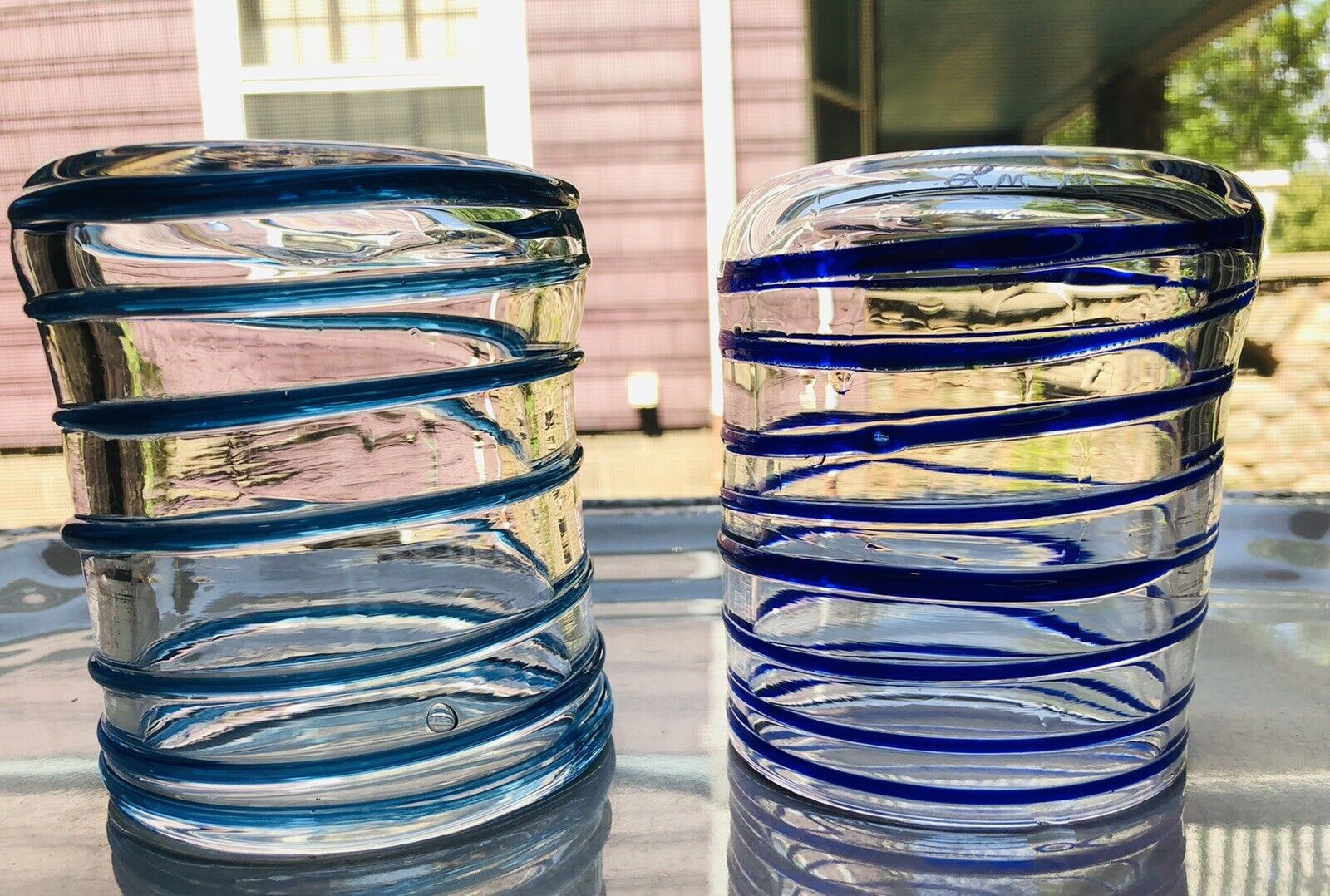 Studio Art Glass Blue Swirl Whiskey Signed Barware Hand Crafted Set Of 2