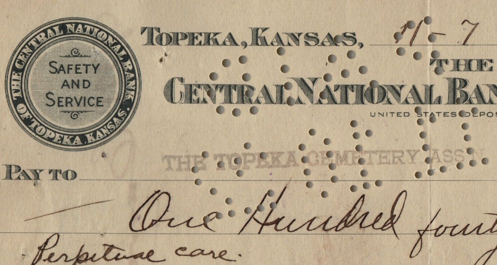 Vintage 1922 Bank Check Cheque CENTRAL NATIONAL BANK OF TOP0EKA Kansas Cartouche