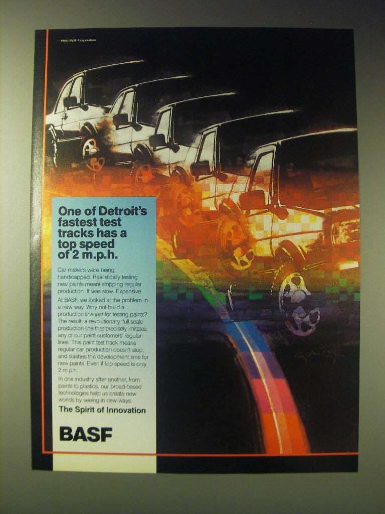 1989 BASF Paints Ad - One of Detroit\'s fastest test tracks has a top speed of 2
