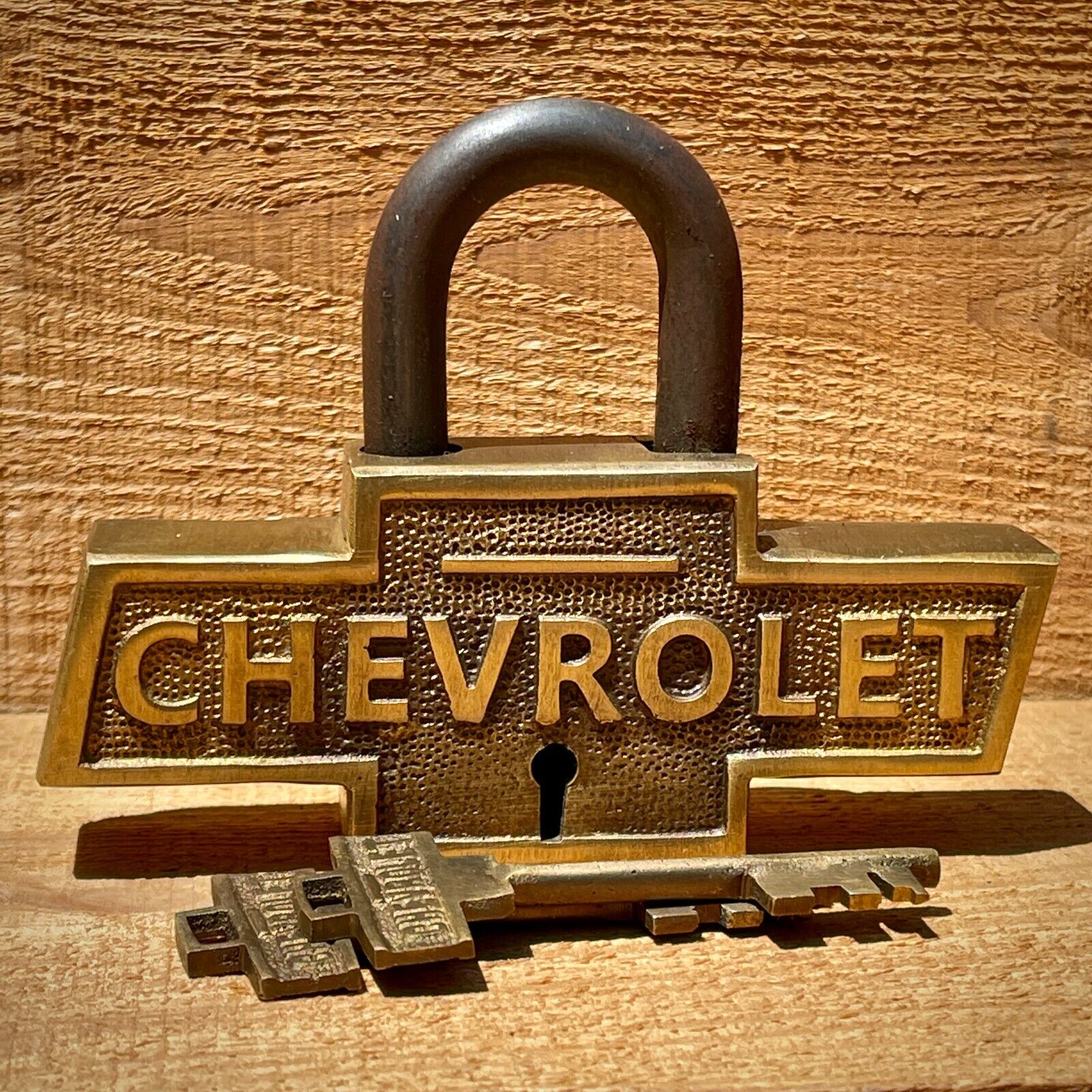 Chevrolet Large Brass Lock W/ Keys, Chevy Logo, Advertising, Antique Finish 