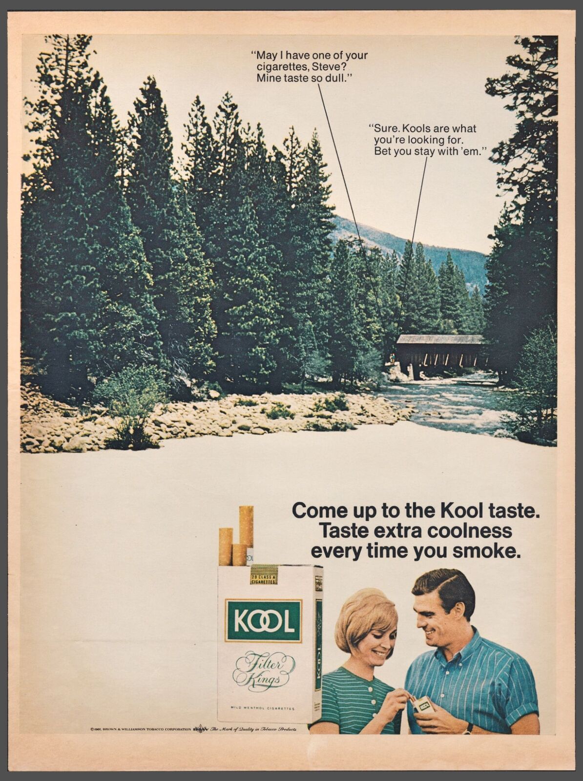 1968 Kool Cigarettes Vintage Print Ad Mountain Stream Covered Bridge Wall Art