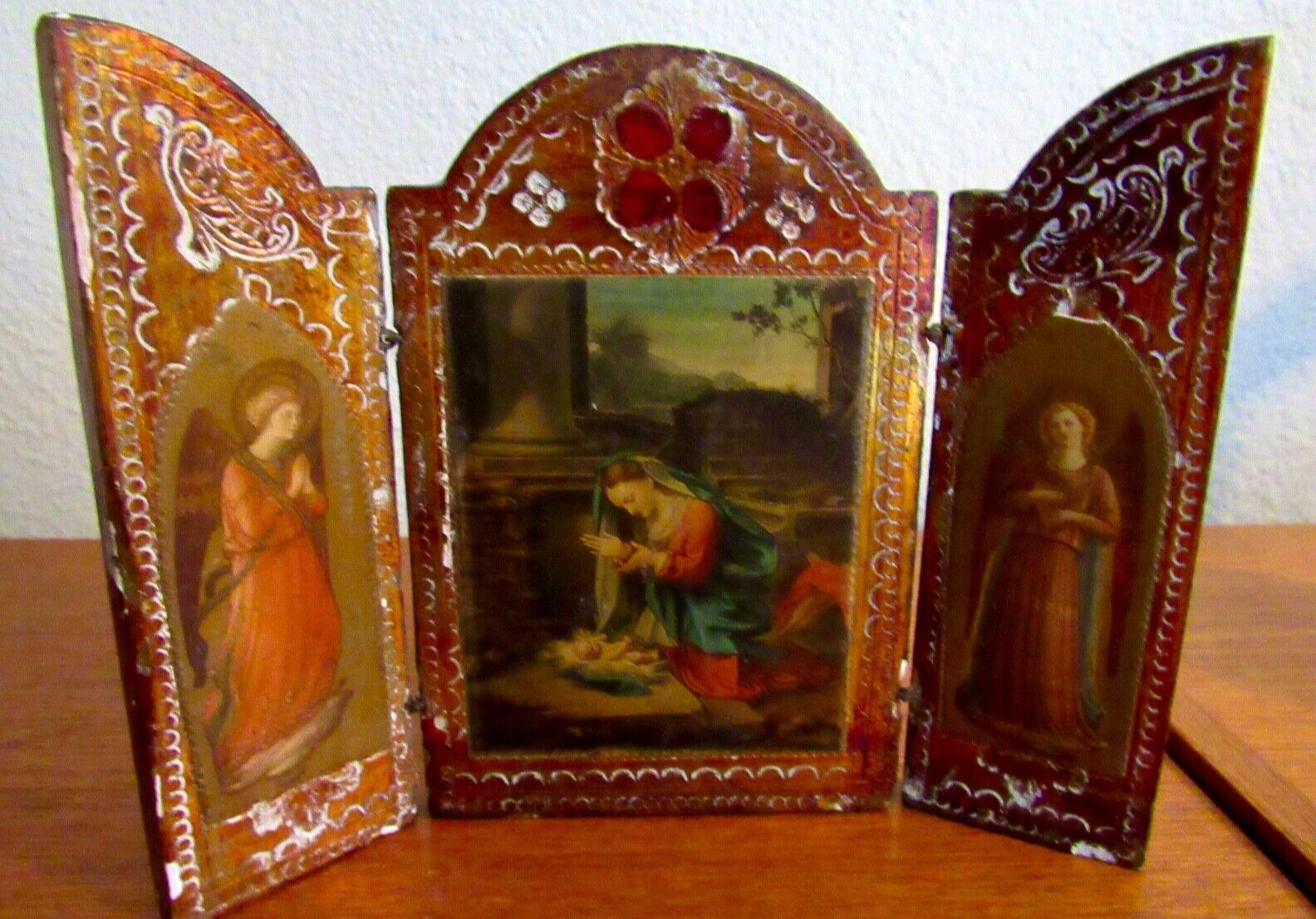Antique Italy Wood TRIPTYCH PLAQUE Correggio Adoration Mary & Jesus Florence-OLD