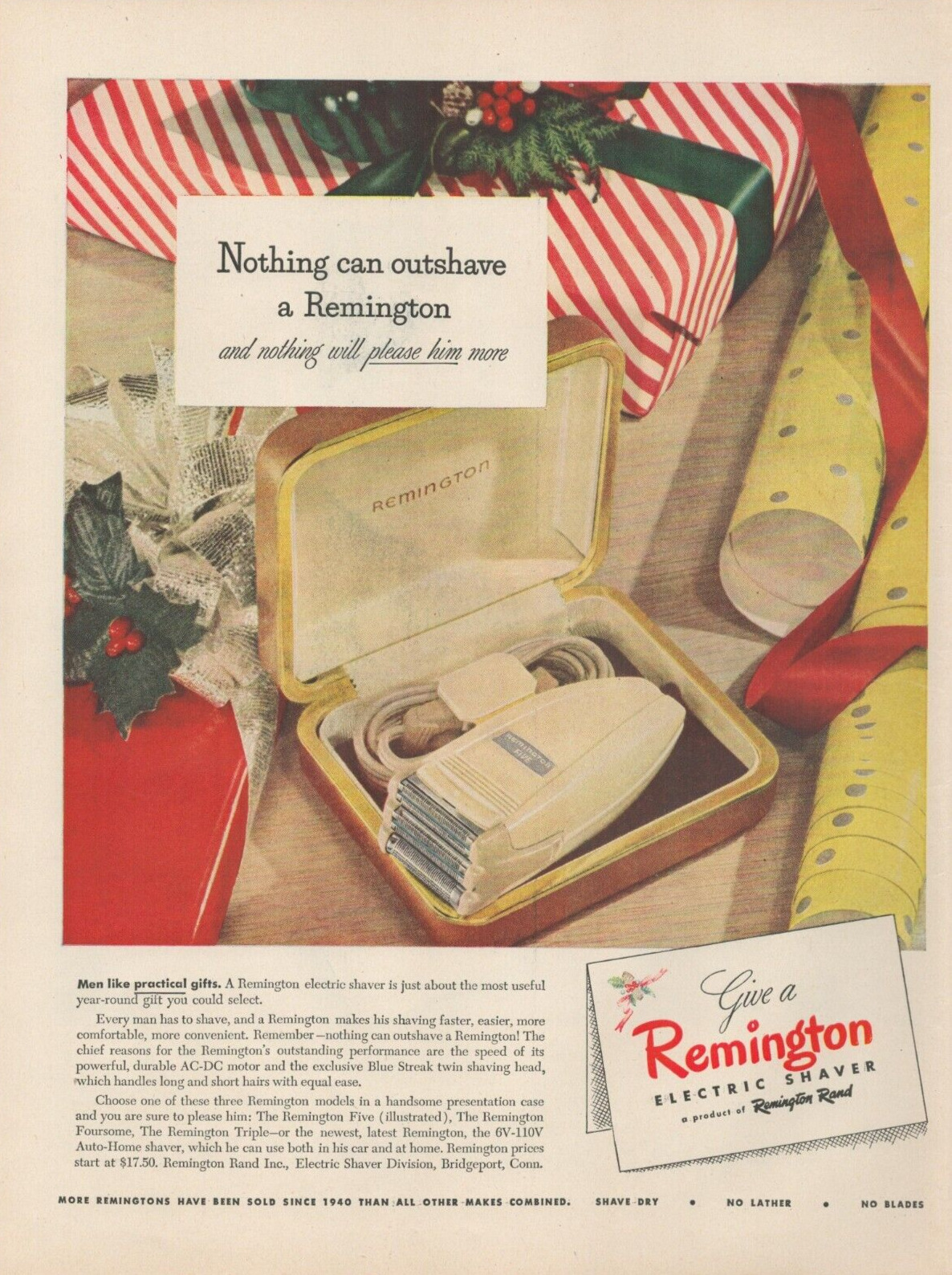 1947 Remington Electric Shaver Christmas Gift Nothing Can Out Shave Vtg Print Ad