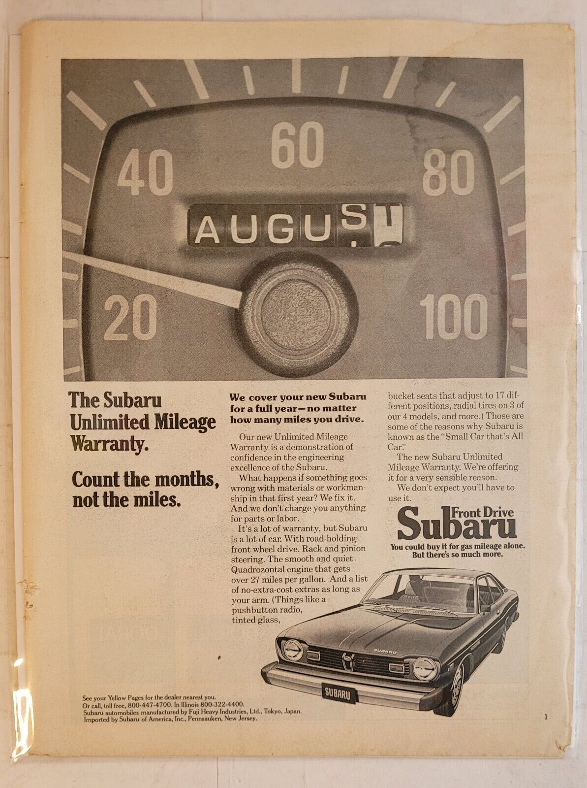 Vintage 1976 SUBARU Magazine Advertisement