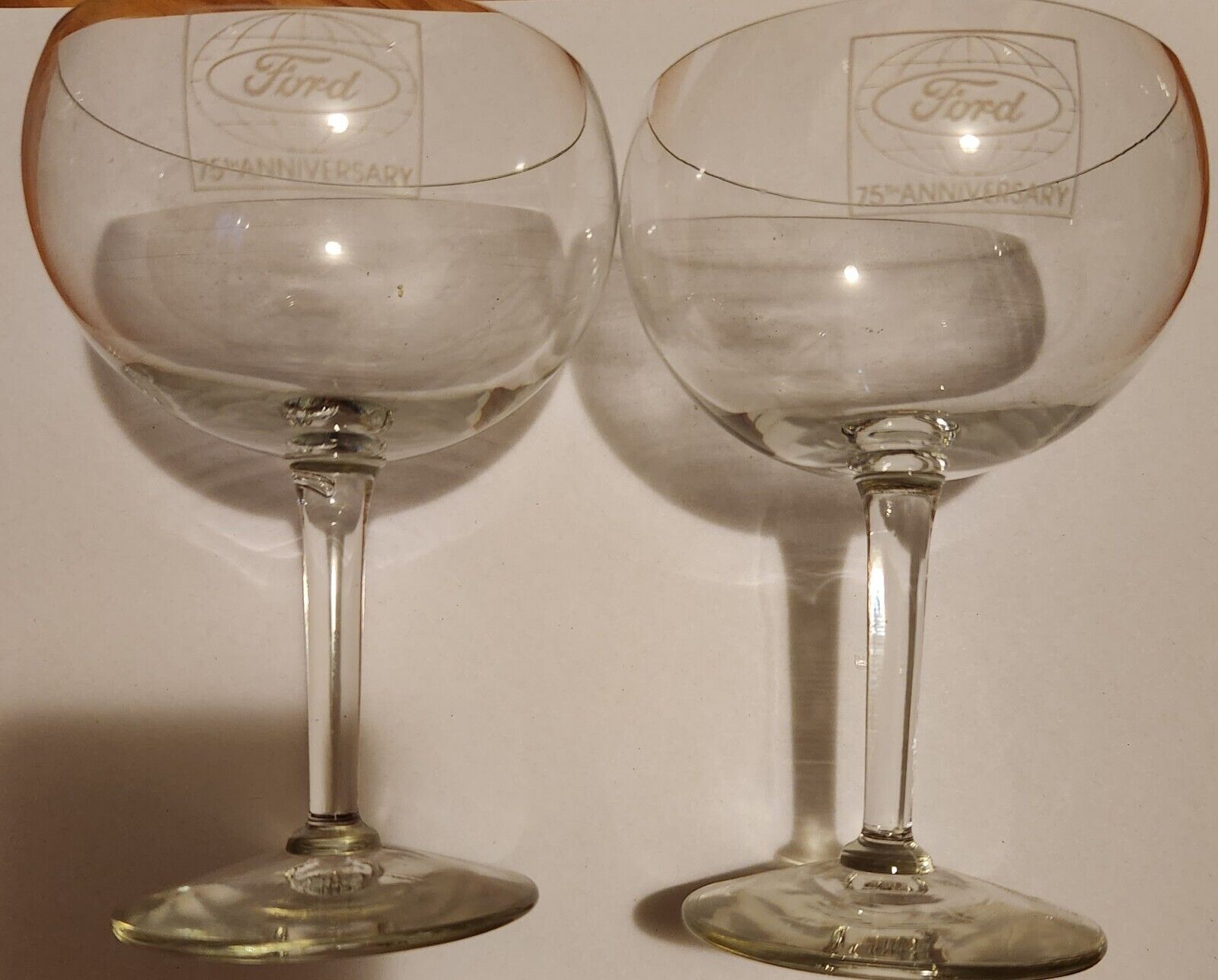 Vintage Pair Ford 75th Anniversary Etched Long Stem Wine Glasses
