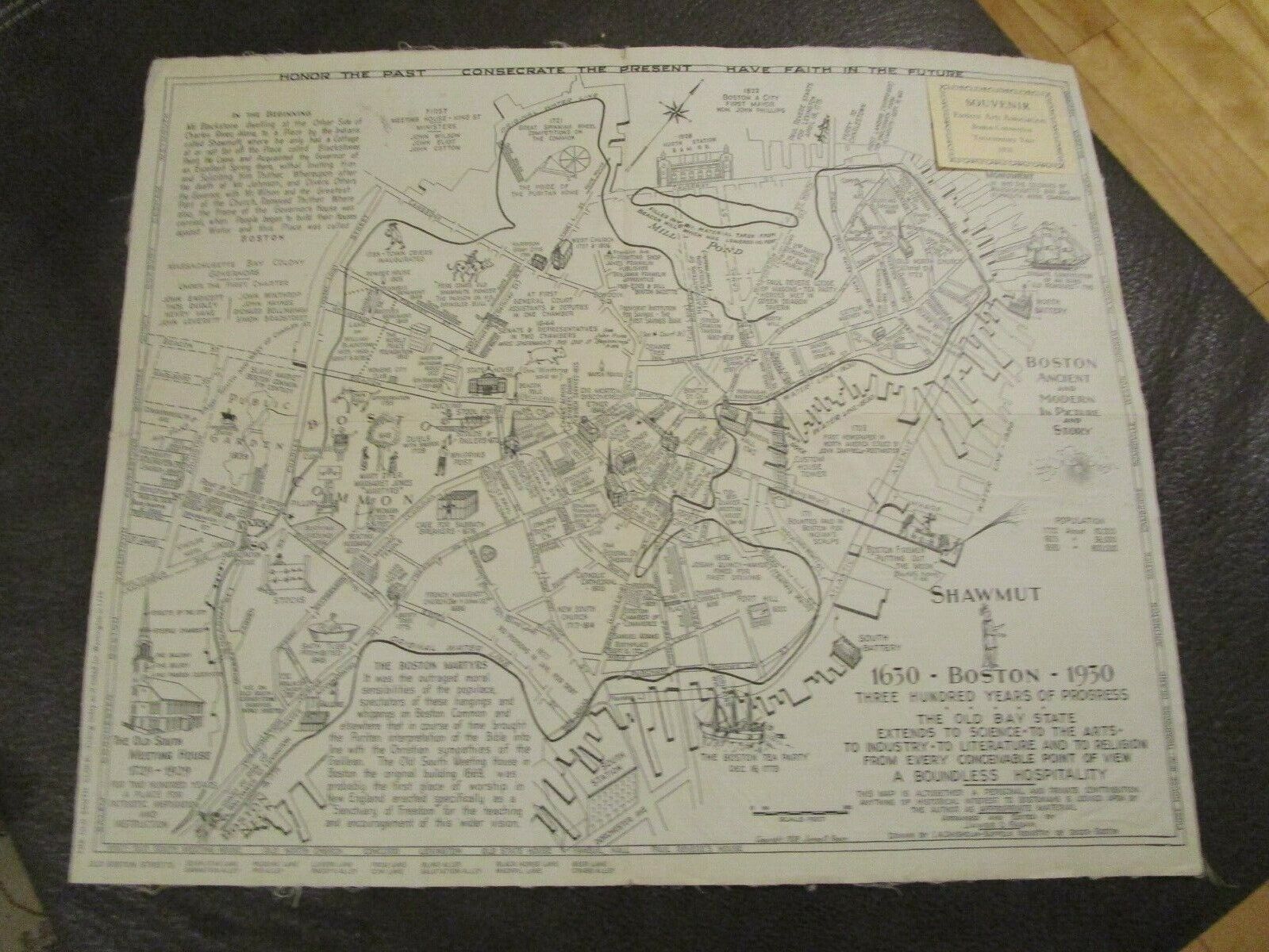 SHAWMUT 1620 - 1930 MAP Souvenir Boston Linen Antique Map WOW MA Massachusetts 