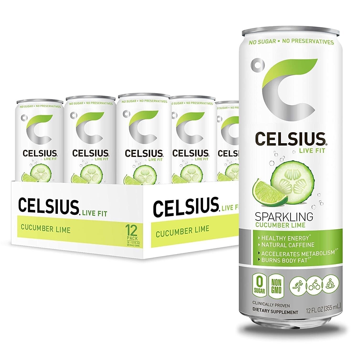 CELSIUS Sparkling Fitness Energy Drink, Zero Sugar - Cucumber Lime, (12) Cans