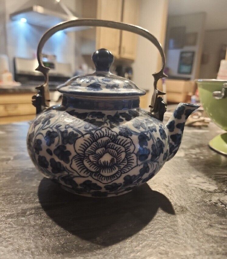 Vintage Cobalt Blue White Porcelain Teapot Lotus Cottage core Chic
