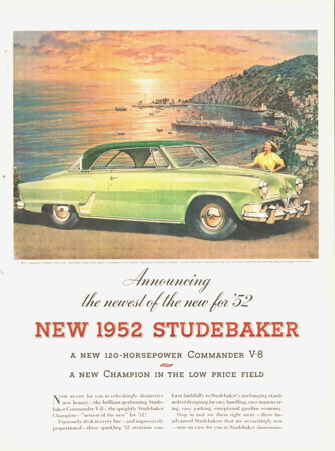 1952 STUDEBAKER COMMANDER vintage print ad car auto green cruise ship beach L12