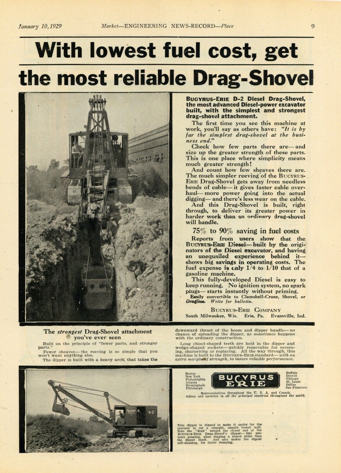 1929 Bucyrus Erie Ad: Model D-2 Drag Shovel Pictured on the Job S. Milwaukee, WI