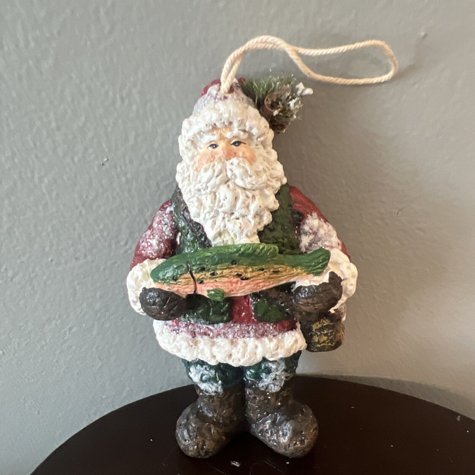 Vintage Santa fisherman Christmas ornament 5.5 inches made of resin