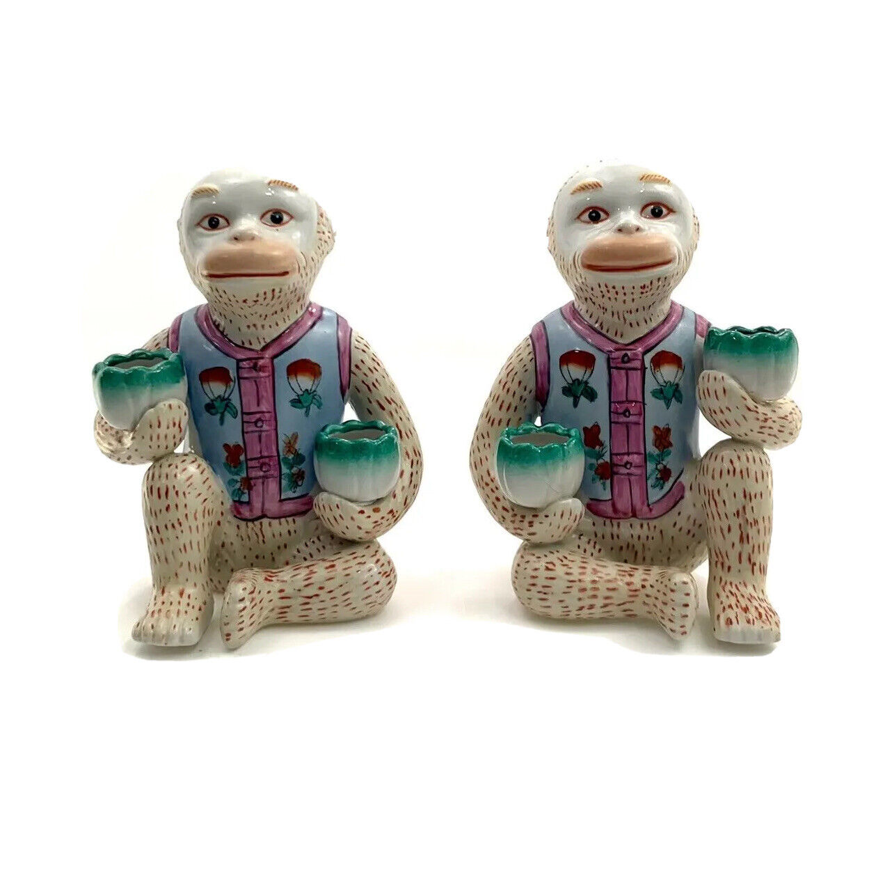 Monkey Statues Porcelain Rare Pair Set Vintage Oriental Chinoiserie (Small Fix)