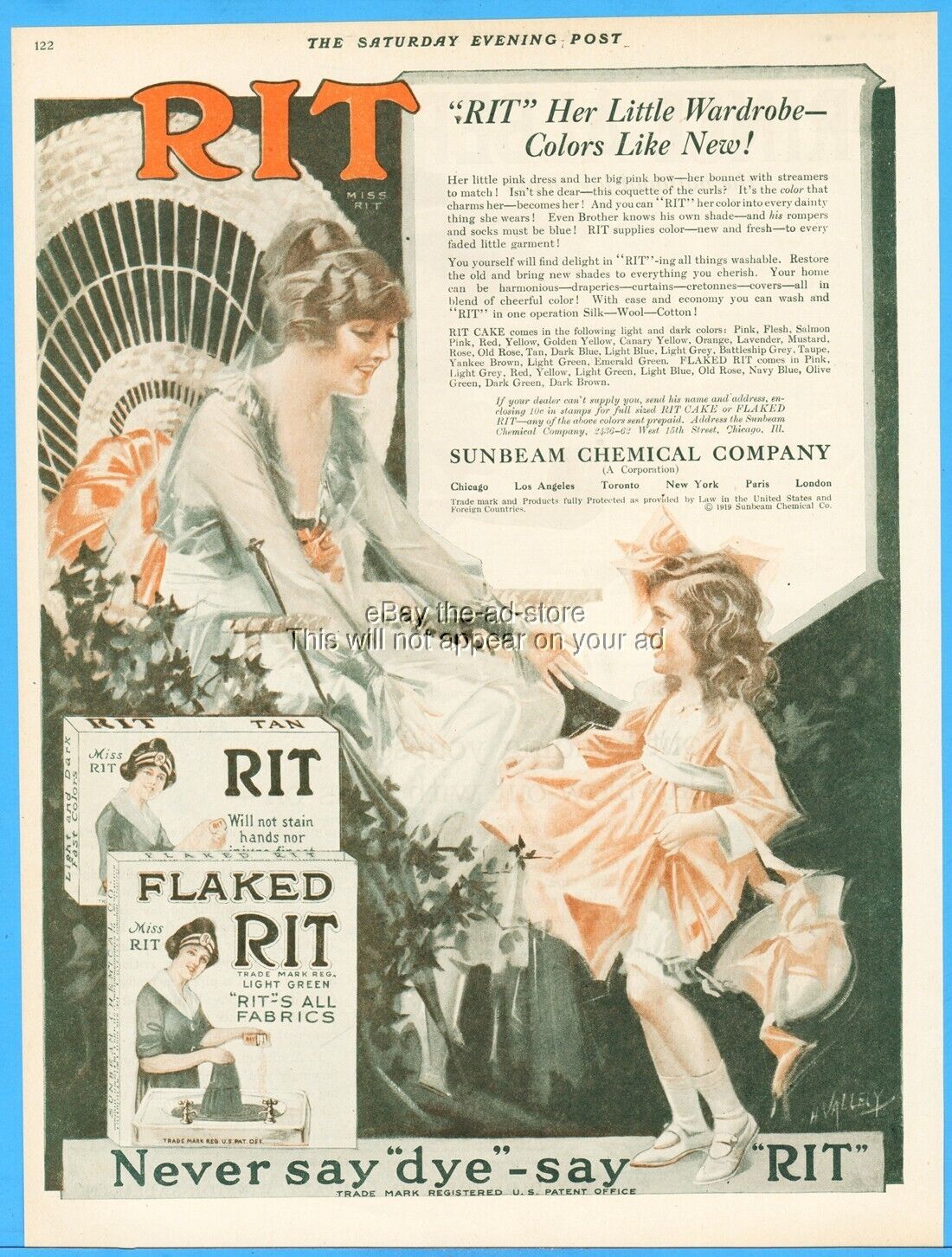 1919 Sunbeam Chemical Co Ad RIT Clothing Dye Vintage Henry E Vallely Illustrated
