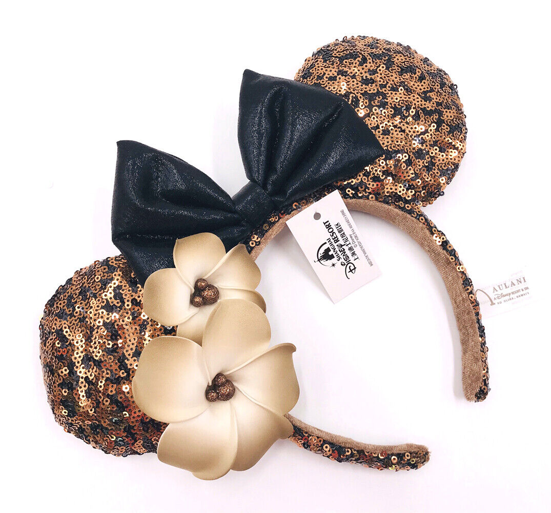Minnie Ears Limited Disney Parks Aulani Hawaii Black Gold Plumeria Headband