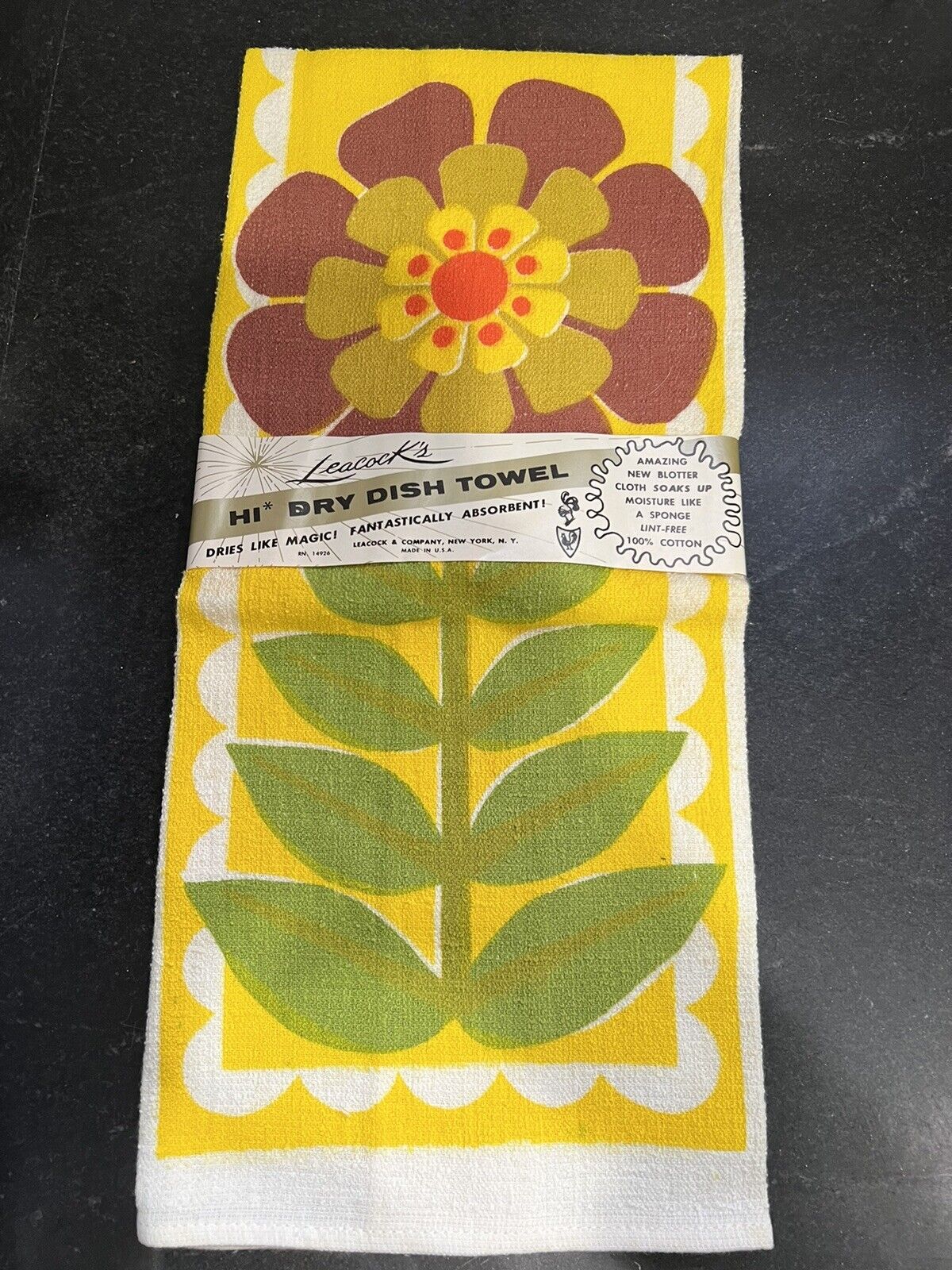 Vintage Bright Retro 1960\'s New Flower LEACOCK Dish Towel Orange Yellow Green