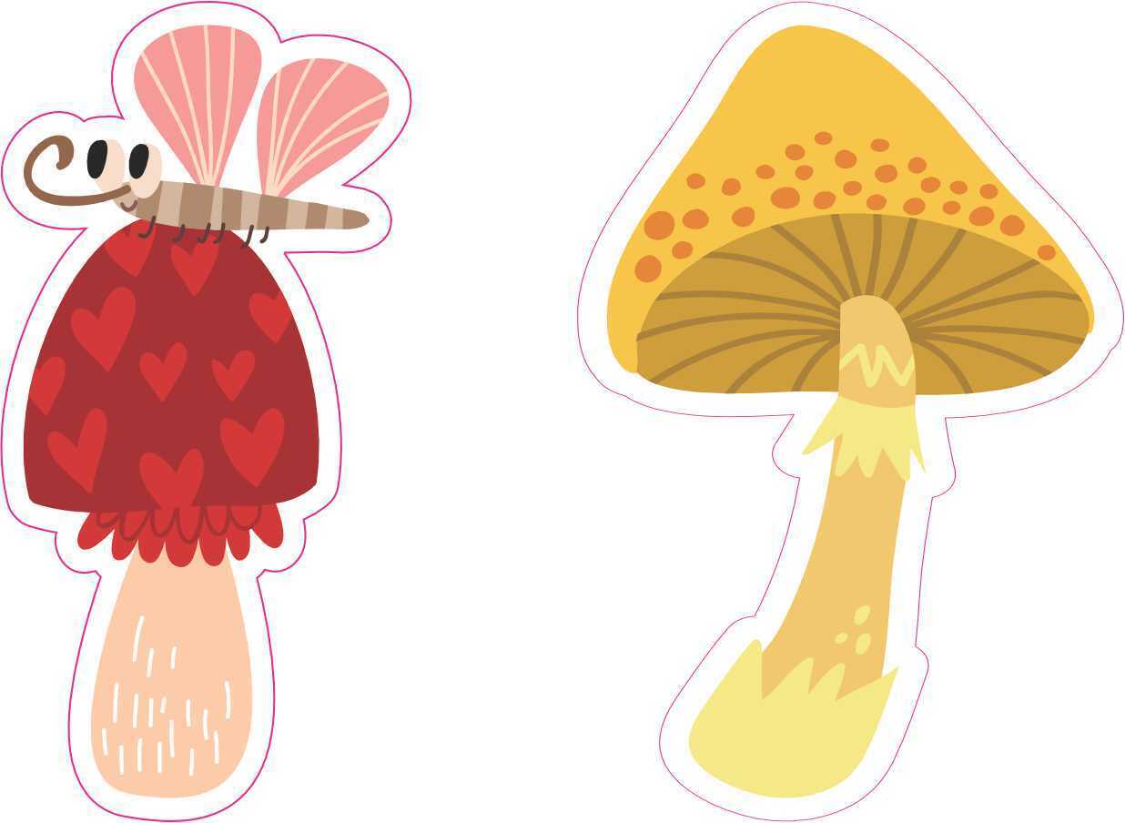 1 sheet of 2 Red and Yellow Mushroom Stickers, 1 at 1.5in x 3in, 1 at 2in x 3in