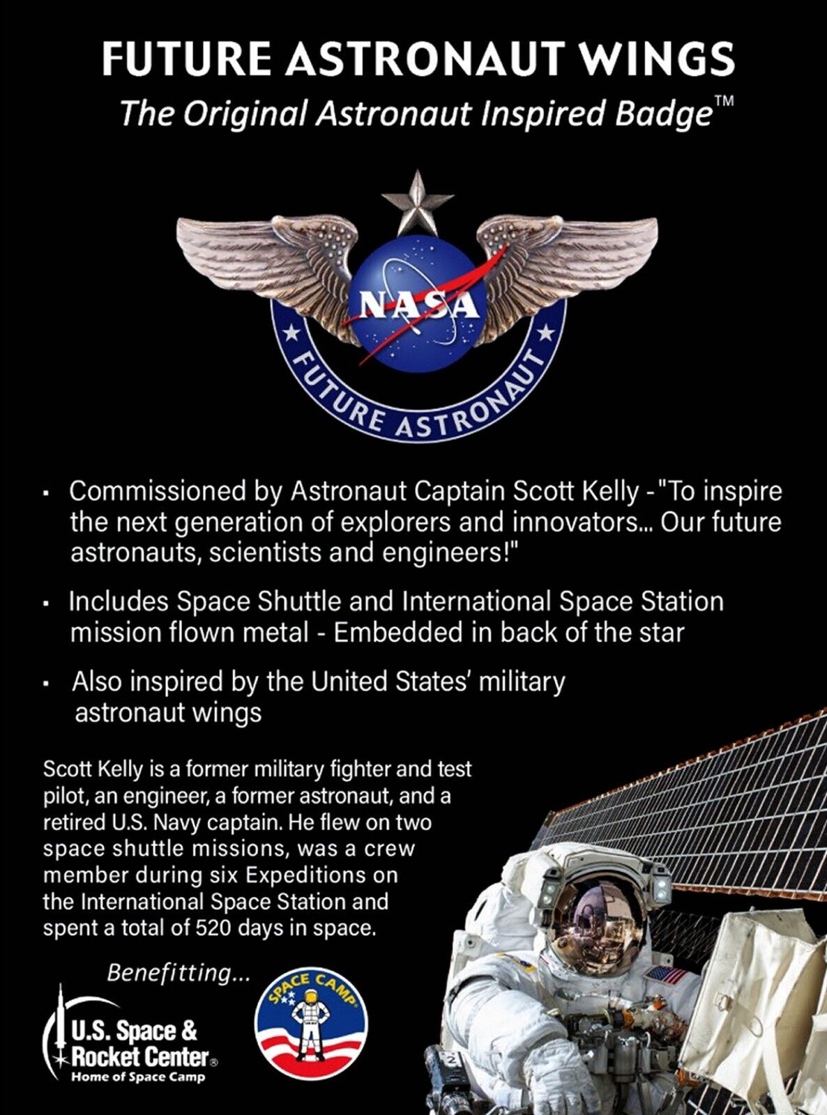FUTURE ASTRONAUT WINGS -FLOWN METAL-NASA-SCOTT KELLEY SHUTTLE ISS Silver PIN